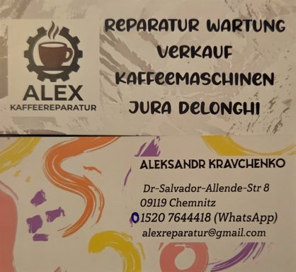 Visitenkarte von Alex, Anbieter für Reparatur und Verkauf von Kaffeemaschinen.